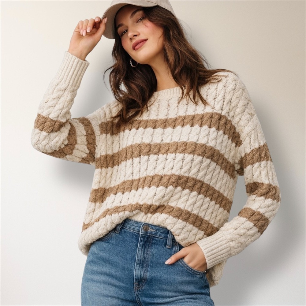 Pilcro Anthropologie M Cream Tan Stripe Cable Knit Sweater Oversized‎ Cozy Cabin